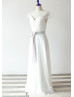 Cap Sleeves Ivory Lace Chiffon Slit Open Back Long Wedding Dress